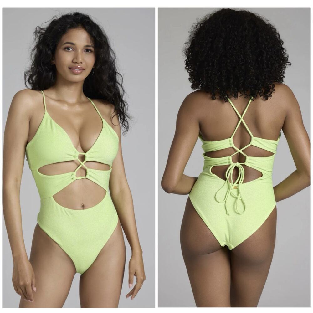 Axil Swim Shimmer Lime Cutout One Piece Swimsuit Lace Up Back Neon Green M
